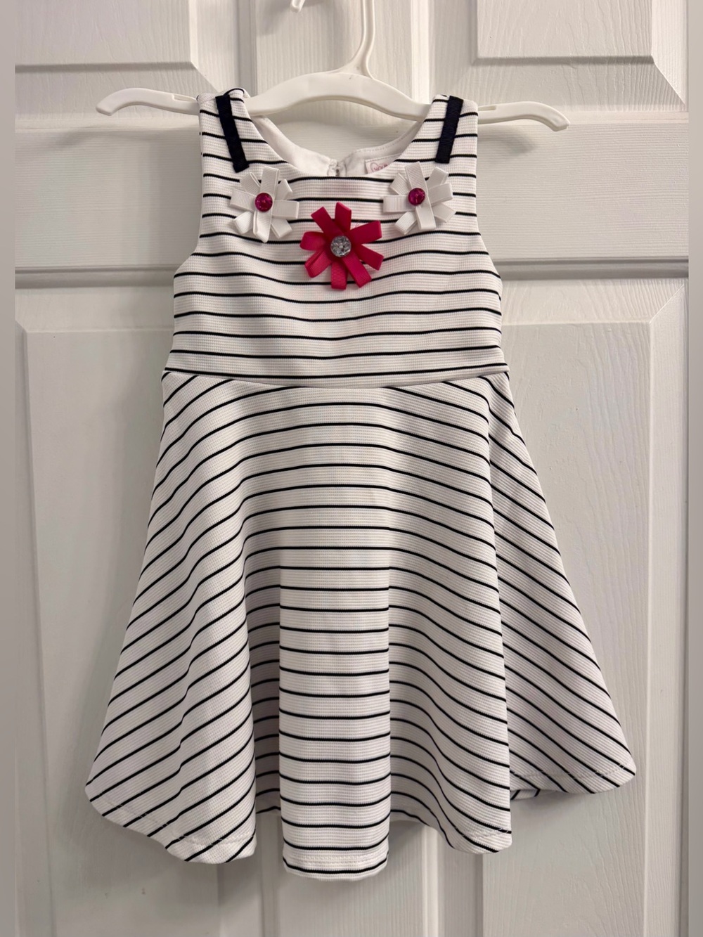 Youngland White & Black Striped Sleeveless Dress with Pink Flower